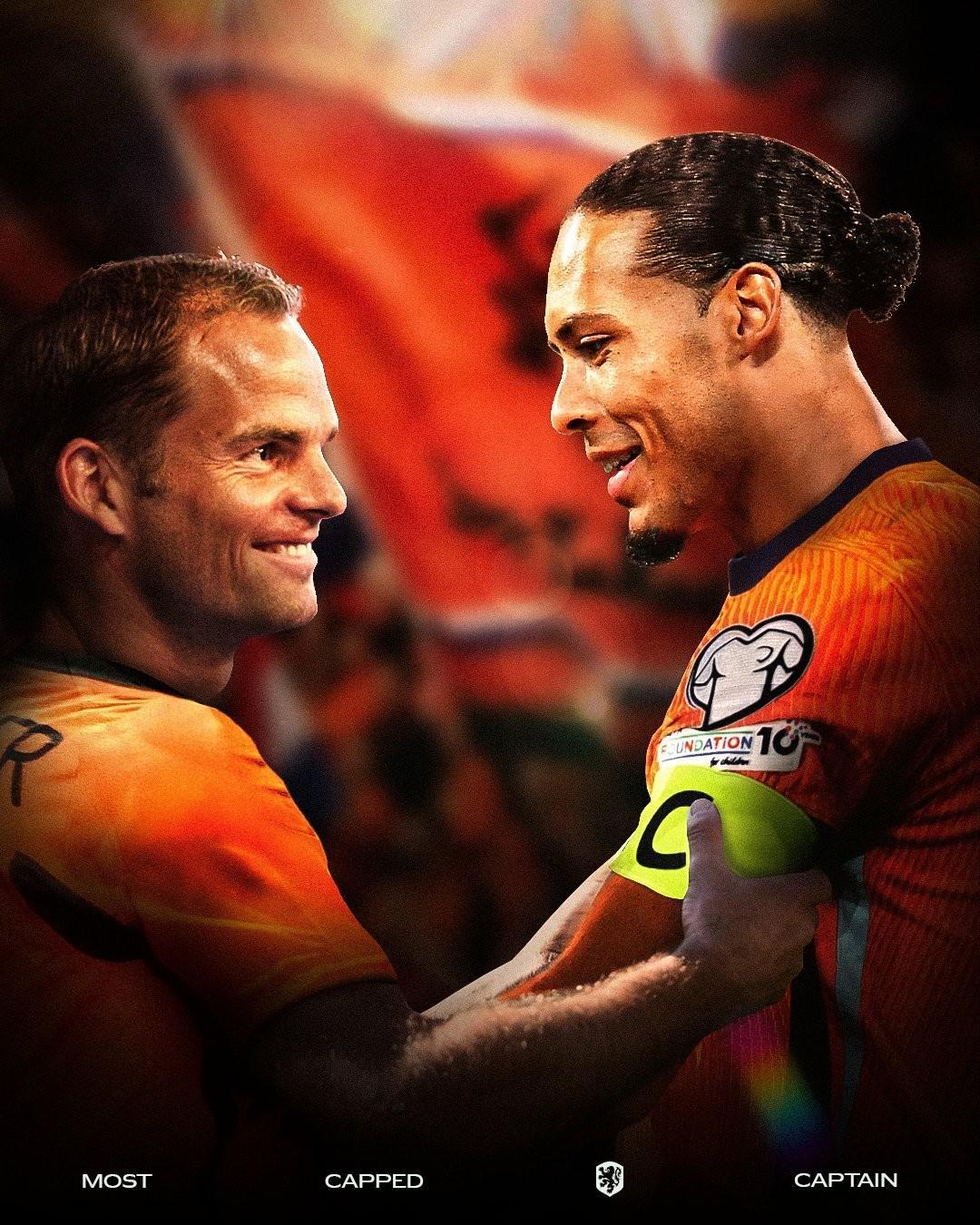 范戴克第72次以隊(duì)長(zhǎng)身份代表荷蘭隊(duì)出場(chǎng)，超越德波爾隊(duì)史第一